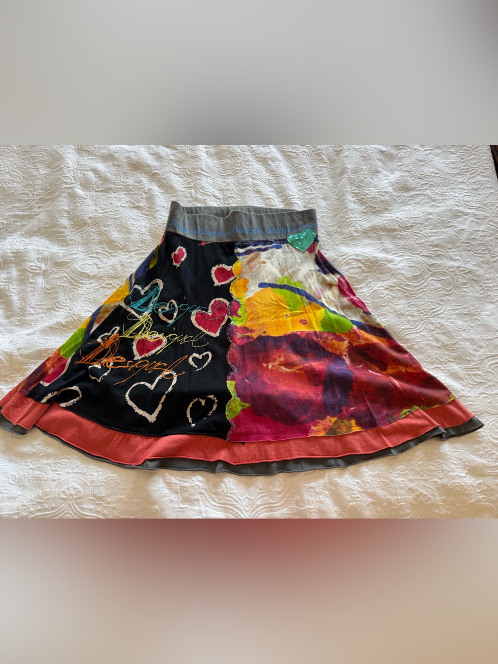 Desigual Size Small Colorful Asymmetrical Handkerchief Hem Skirt Boho Art Print
